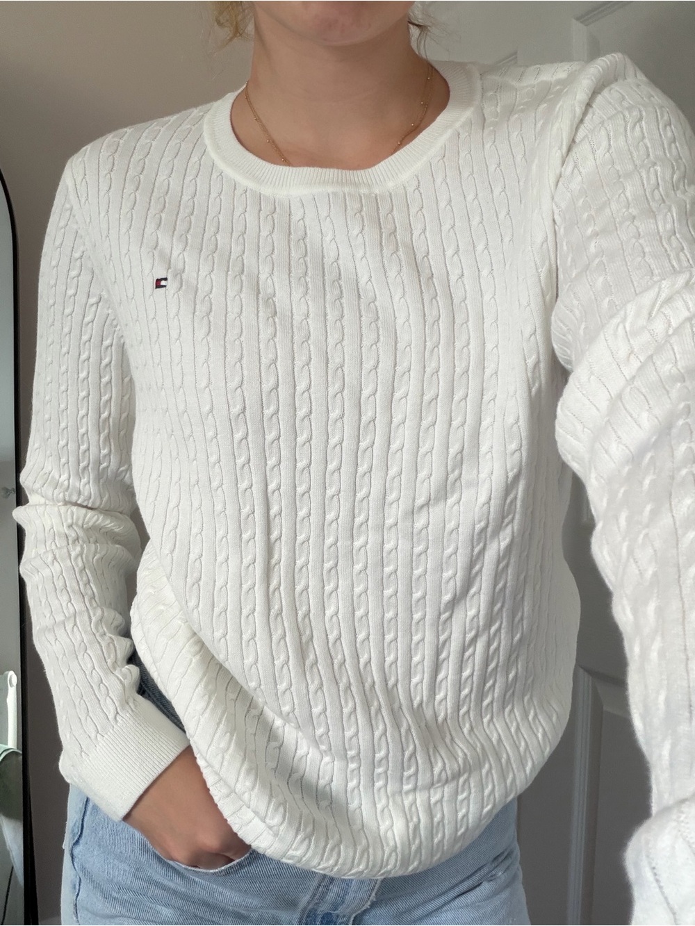 NWT Tommy Hilfiger Women's White Cable-Knit Crewneck Sweater